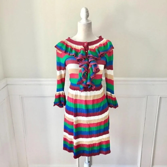 Bright Stripe Long Sleeve Dress Ruffle M - Picture 4 of 6